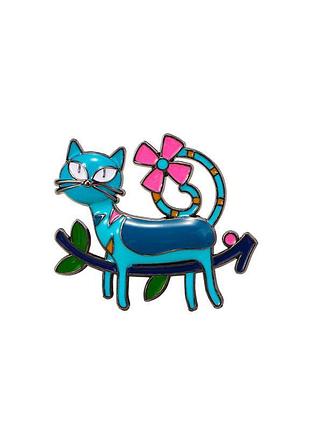 Брошка "котик на гілці", брошка шпилька синя