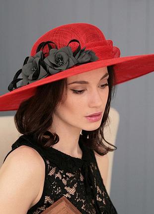 Женская летняя шляпа поля 13 см из соломки размер 55-59 см цвет красный