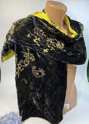 Женский бархатный шарф с узорами, двухсторонний (черно-золотой/желтый) бархат/шелк 34×155 н1686 роскошный бар