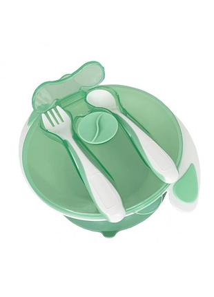 Тарілка на присоску з ложкою та виделкою салатова