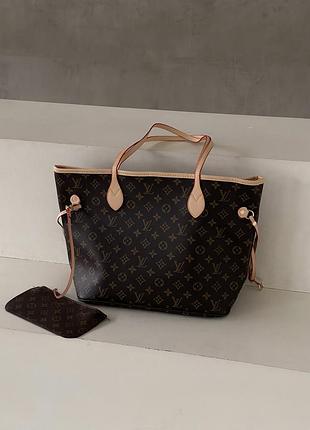 Кожаный женский шопер louis vuitton брендовый шопер луи витон большая городская сумка коричневый шопер с косметичкой