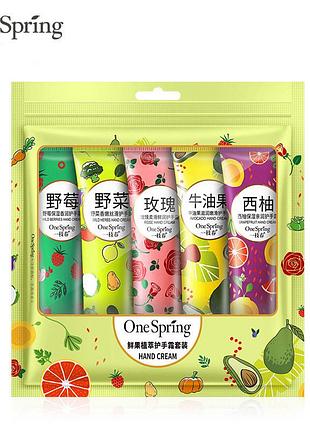 Набір 5 шт. кремів для рук one spring з екстрактом троянди, фруктів, авокадо, сливи, грейфрута 5*30г