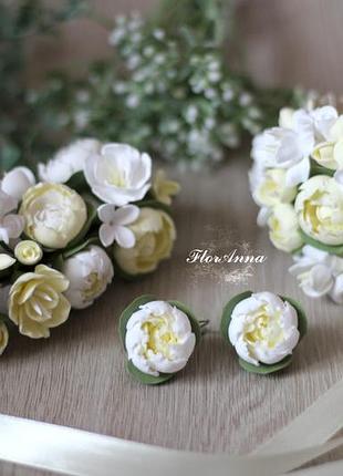 Свадебный комплект украшений ручной работы "лимонная свежесть" браслет, серьги, заколка
