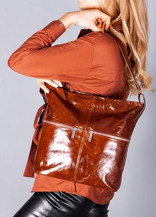 Большая женская сумка-шоппер из рифленой кожи коньячный