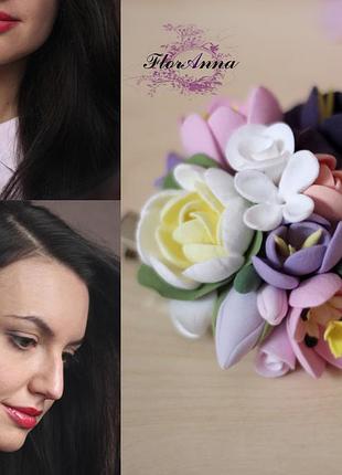 Заколка/брошь с цветами "цветочный микс"