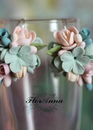 Большие серьги с цветами из полимерной глины "мятный мармелад"