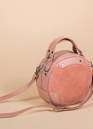 Круглая кожаная сумочка из замши и кожи инд пошив персик
