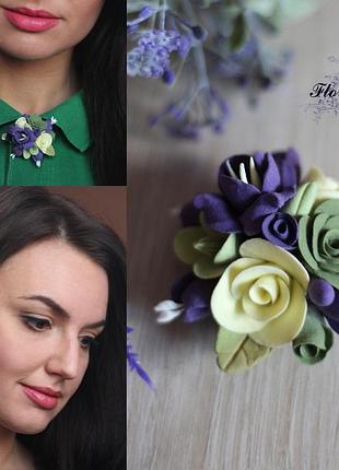 Заколка/брошь с цветами из полимерной глины "контрастный микс"