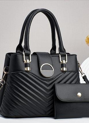 Современная сумка женская + кошелек высококачественная эко кожа черный комплект