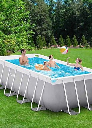 Большой прямоугольный каркасный бассейн с насосом лестницей теном и подстилкой intex