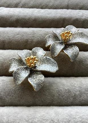 Сережки ретро квіти сріблясто золотистого кольору