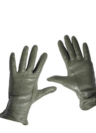 Женские кожаные перчатки оливкового цвета на шерсти 7.5