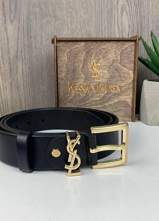 Женский кожаный ремень тонкий поясной из натуральной кожи ysl черный с золотым