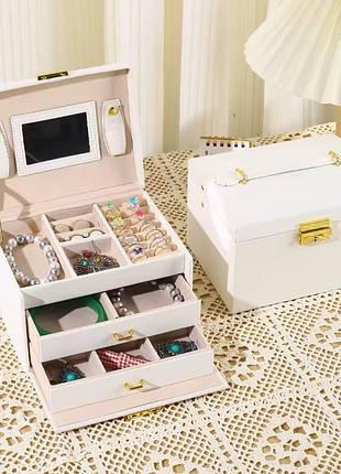Скринька для прикрас органайзер для біжутерії з дзеркалом та замком білий