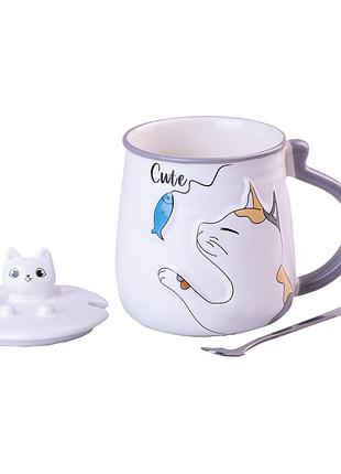 Чашка керамическая cute 400мл с крышкой и ложкой чашка с крышкой серый