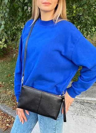 Маленькая черная сумка-клатч с длинным ремешком и коротким черный гладкая кожа