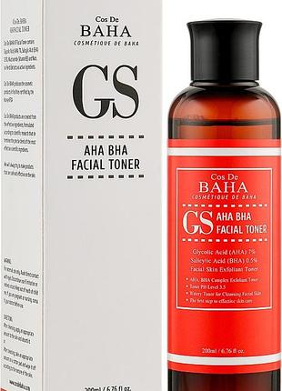 Тонер для обличчя з кислотами для проблемної шкіри cos de baha aha/bha gs toner 200 мл