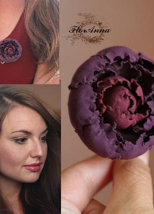 Заколка /брошь из полимерной глины "пион цвета марсала"