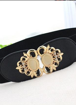 Ремень женский резинка тканевой черный широкий на застежке металлической в виде цветка , пояс женский( 4156