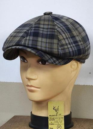 Кепка мужская восьмиклинка хулиганка полушерсть клетка серая демисезонная comfort heads весна осень хаки зелён 57