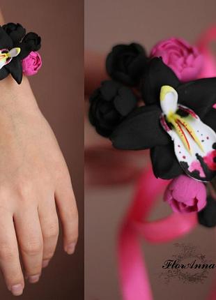 Черный браслет с цветами ручной работы "орхидея с пионами". подарок девушке, женщине