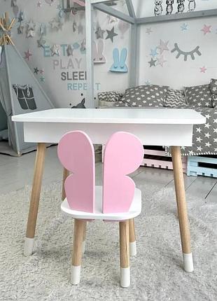 Детский столик белый и стульчик бабочка розовый. столик с нишей для карандашей и разукрашек