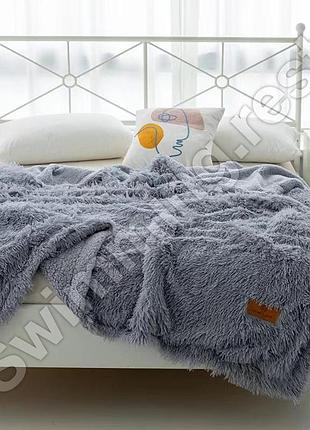 Меховой плед покрывало травка на овчине евро 220x240 см серый в подарочной сумке