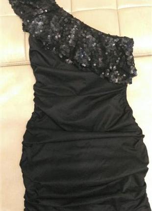Вечірній, коктельное чорна сукня з паєтками, на одне плече, розмір 8 a