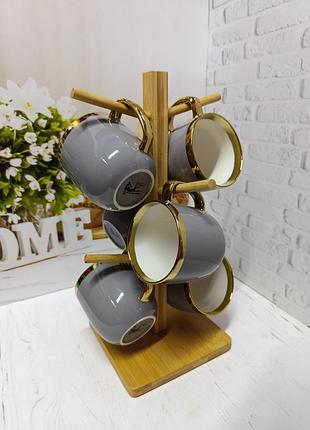 Набір (6 шт) чашок фарфоровий 320мл "золота лінія" на бамбуковій підставці, колір-сірий