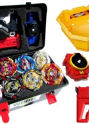 Набор beyblade (бейблейд) бокс серия 6 сезон : 8 бейблейдов + 5 запускачей + 2 лаунчера + кейс + арена 38см