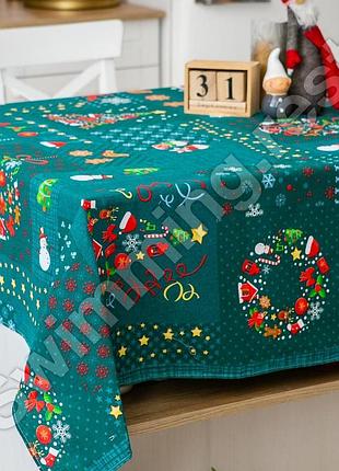 Новогодняя льняная хлопковая скатерть 150х220 см на обеденный стол "волшебные истории"