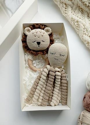 Набір для новонародженого, в'язане брязкальце, іграшка восьминіг, лев, ручна робота