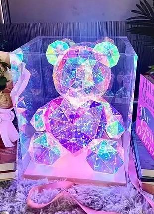Геометричний ведмедик з led підсвіткою у подарунковій коробці та живленням від usb (з рожевим серцем)