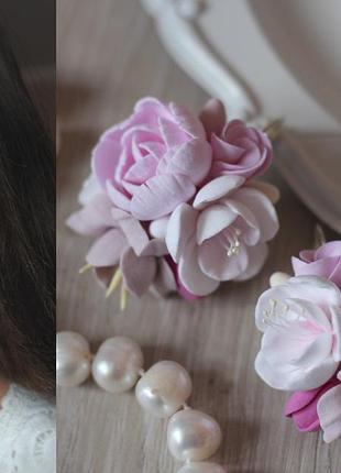 Розовые серьги с цветами из полимерной глины "зефирный букетик"