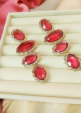 Серьги бижутерия длинные розовые камни