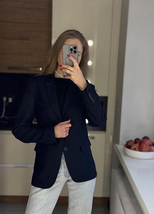Трендовый синий шерстяной стильный пиджак размер 48 блейзер жакет