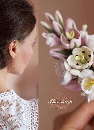 Заколка с цветами из полимерной глины "утонченность"