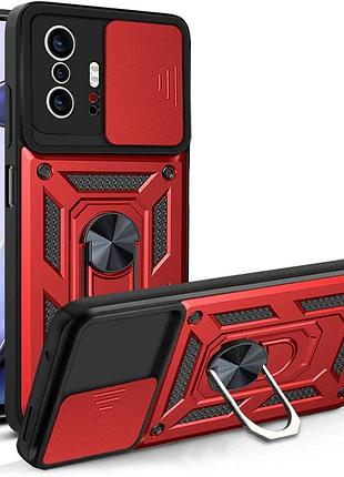 Ударостійкий чохол camshield serge ring для xiaomi 11t / 11t pro красный, шторка на камеру