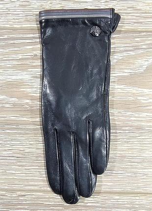 Сенсорні жіночі чорні шкіряні рукавички з різнокольоровими полосками 7