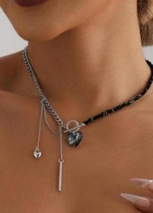 Кольє чокер намисто ланцюжок ювелірне скло стильна прикраса на шию асиметрична з сердечком ланцюжками нова