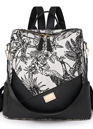 Женский рюкзак сумка повседневный текстильный городской классический черный нейлоновый с цветами с карманами