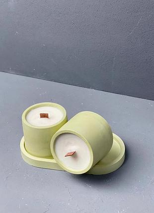 Набор ароматических соевых свечей в гипсовых кашпо minimal на подставке fresh & amber