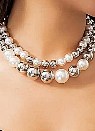 Кольє 2 одиниці комплект білий-срібний