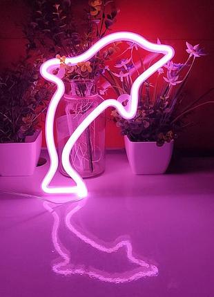 Настенный неоновый светильник ночник дельфин розовый