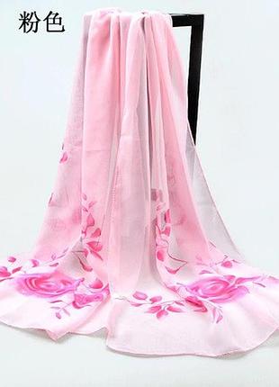 Женский светло-розовый шарф с розами - размер шарфа приблизительно 148*47см, шифон