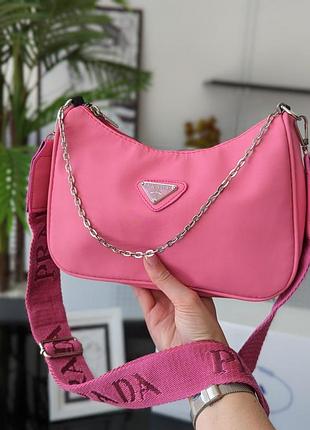 Женская сумочка багет prada городская багетная сумка из нейлона прада брендовая для девушки через плечо розовый