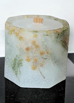 Восьмиугольная свеча с мимозой и деревянным фитилем, с ароматом хлопок