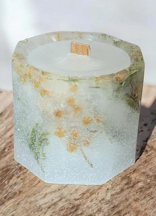 Восьмиугольная свеча с мимозой и деревянным фитилем, с ароматом мята