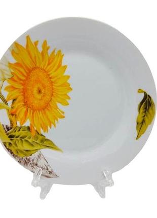 Тарелка мелкая десертная керамическая белая цветная с рисунком закусочная подсолнух в упаковке 12 штук d 18 cm