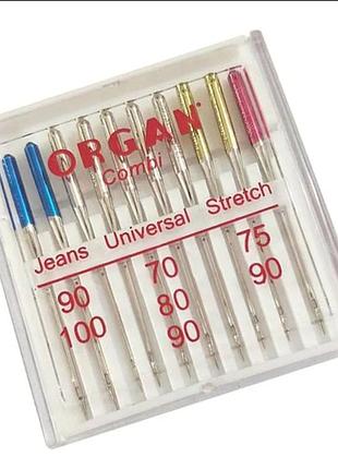 Иглы швейные organ combi box (universal 5шт,jeans 2шт,super stretch 3шт)бокс 10шт для быт швейных машин (6969)